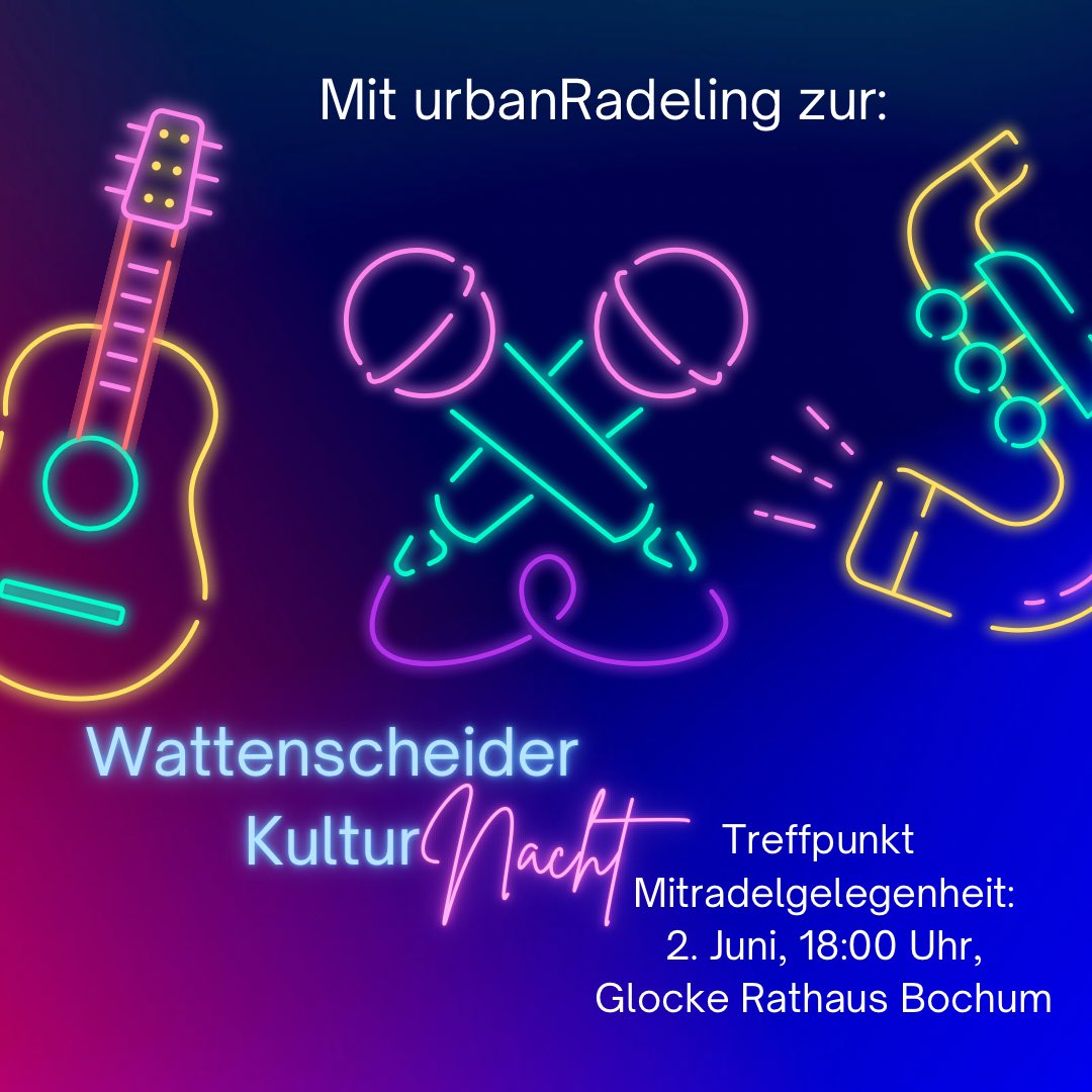 Bei der 14. "Wattenscheider Kulturnacht" gibt es an vier Standorten ein vielfältiges Programm z.B. mit Zirkusacts des "Watt'n Zirkus", Livemusik und kostenloser Führung auf das Fördergerüst. Jens von #urbanRadeling bietet dazu eine "Mitradelgelegenheit".
wattenscheider-kulturnacht.de