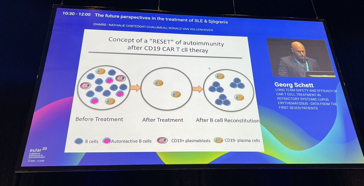 „Reset of autoimmunity“ - Prof. Schett from Erlangen illustrates the sustained effect of CAR-T cell therapy👏🏼 7/7 of SLE patients are still in drug-free remission🙌🏻 #EULAR2023 #SLE