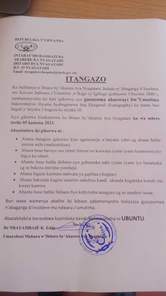 Ku bufatanye n`ibitaro by’Akarere bya Nyagatare, Itsinda ry’Abaganga b’Inzobere mu Kuvura Indwara z’Umutima ,n’Ikigo cy’Igihugu Gishinzwe Ubuzima (RBC),hazasuzumwa, ku buntu, uburwayi bw’Umutima ku bantu bari hagati y’imyaka 5 -50. Ni ku bitaro by’akarere bya Nyagatare,  5/6/2023