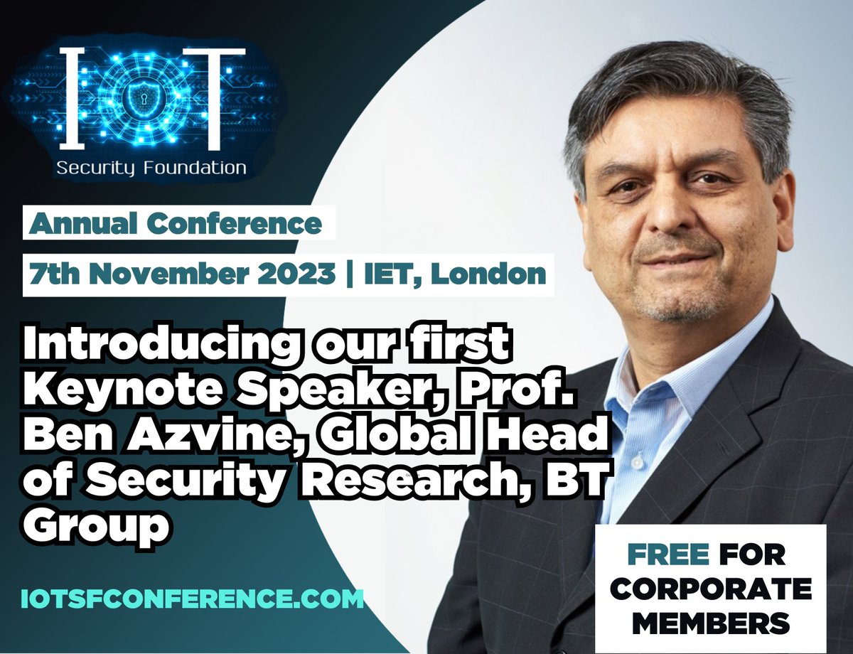 IoT_SF's tweet photo. We are delighted to announce the first keynote speaker for this years conference - Prof. Ben Azvine, Global Head of Research, BT Group.
More information and registration can be found here: https://t.co/wO1CRzzZzG…
@bt_uk #firstkeynotespeaker #iotsf #conference https://t.co/CllEgKXoel