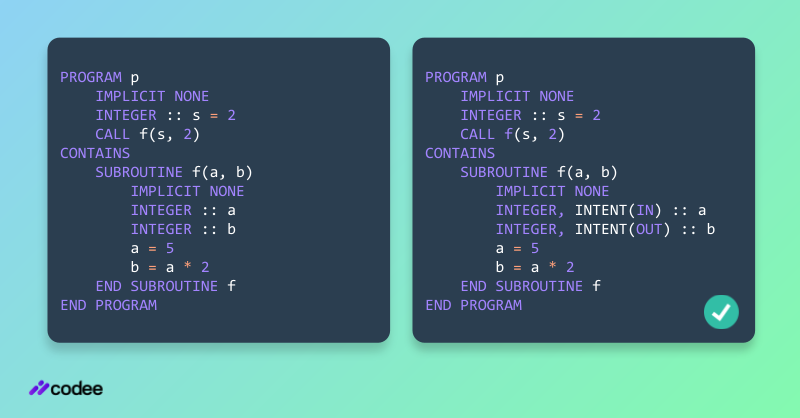 codee_com's tweet image. #CodeePerformanceTip
Each procedure parameter should have its intent declared to facilitate reasoning about the flow of data in and out of the function.

Read more: codee.com/knowledge/pwr0…

#Fortran #C #BestPractices #Performance