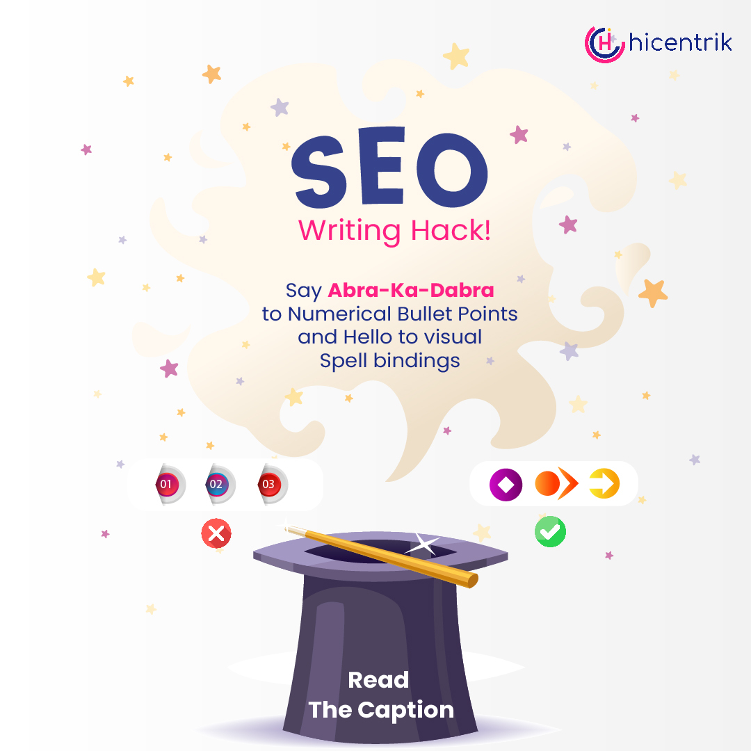Did you know that the way you present bullet points in your blog can impact your #SEOranking?

It's time to ditch numerical and get #creative with visual bullet points!

Stand out from the crowd with stars, arrows, and other eye-catching symbols. 

#Hacks  #hicentrik #engagement