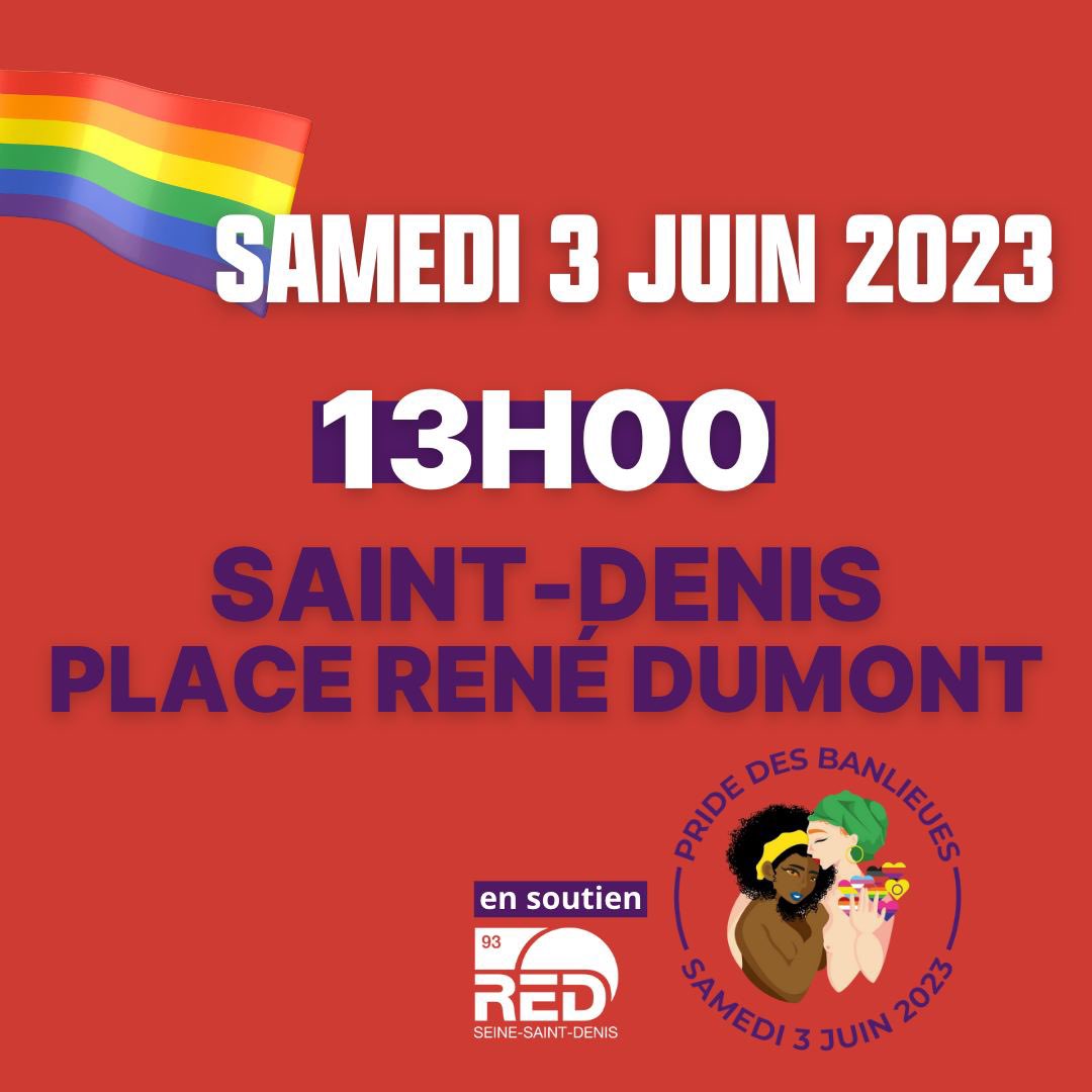 Ce samedi, nous serons à la @Pridedesbanlieues. C’est un moment important de la lutte pour les droits des #LGBTI, une convergence des luttes sociales pour un avenir respectueux des conditions de tous.
Merci à l’organisation et RDV 13h place René Dumont à Saint-Denis. #PrideMonth