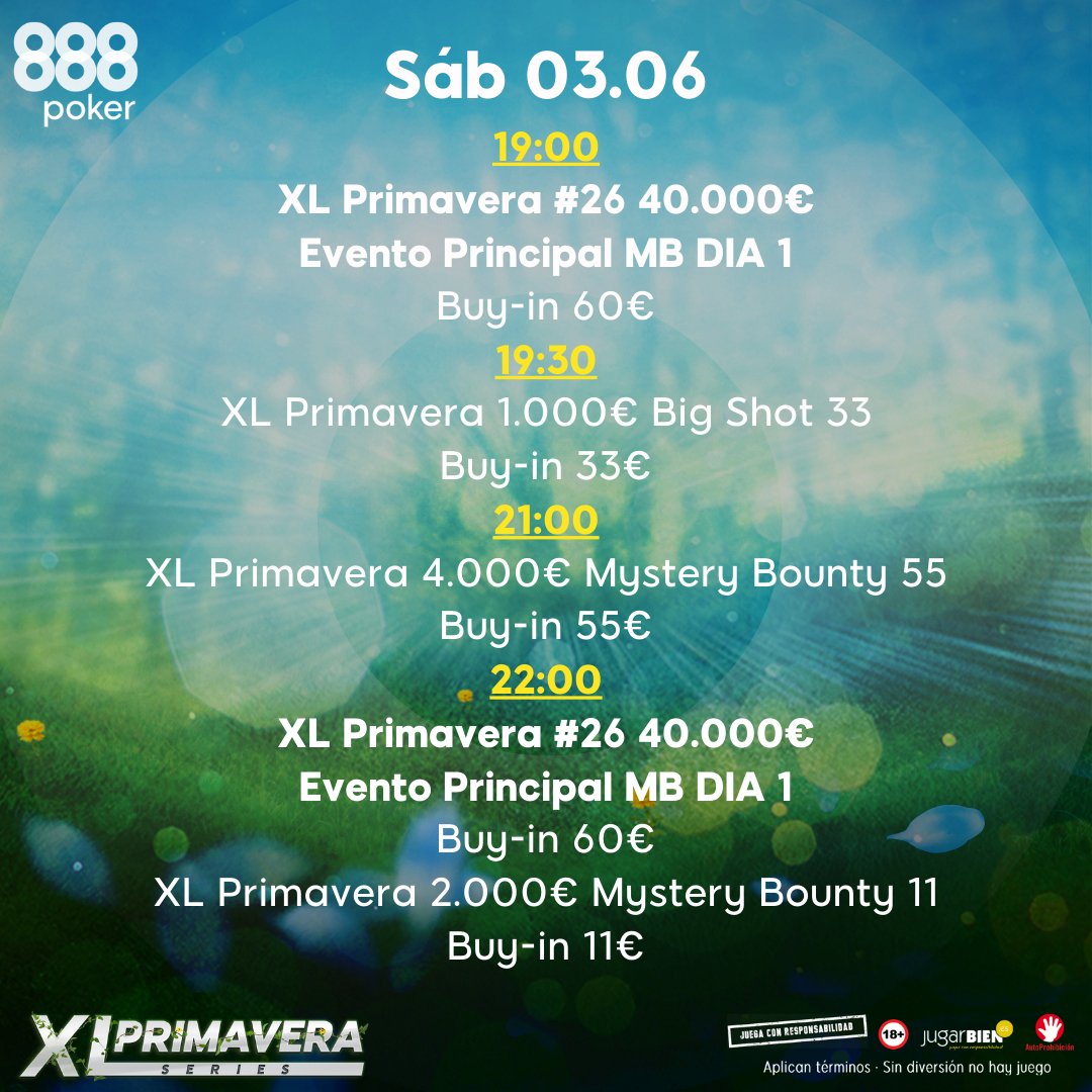 888pokerSpain's tweet photo. Entramos en la recta final de las #XLSeries 🐝🌻 Primavera 

Revisa el 🗓 calendario de torneos hasta el próximo domingo.

#Poker #888poker https://t.co/lRBPVqbGMg