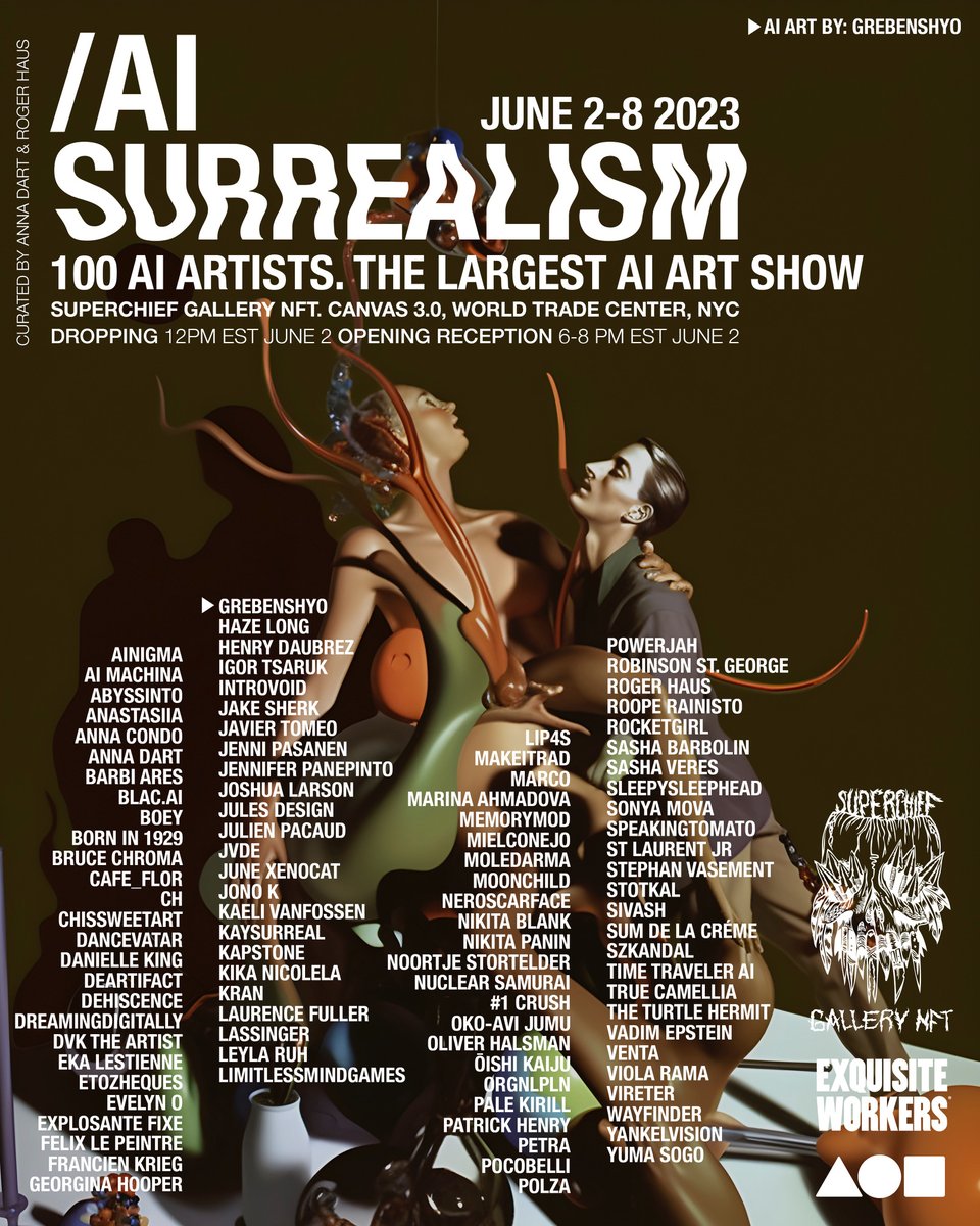 the supercalifragilisticexpialidocious @SuperchiefNFT 𝔵 @ew_corpse #exquisiteworkers #AISurrealism exhibit at @thecanvasglobal is opening tomorrow!!

big shoutout to the all stars fam and a special thx to the curators @annadart_artist and @RogerHaus ⚡️
check preview below ☟