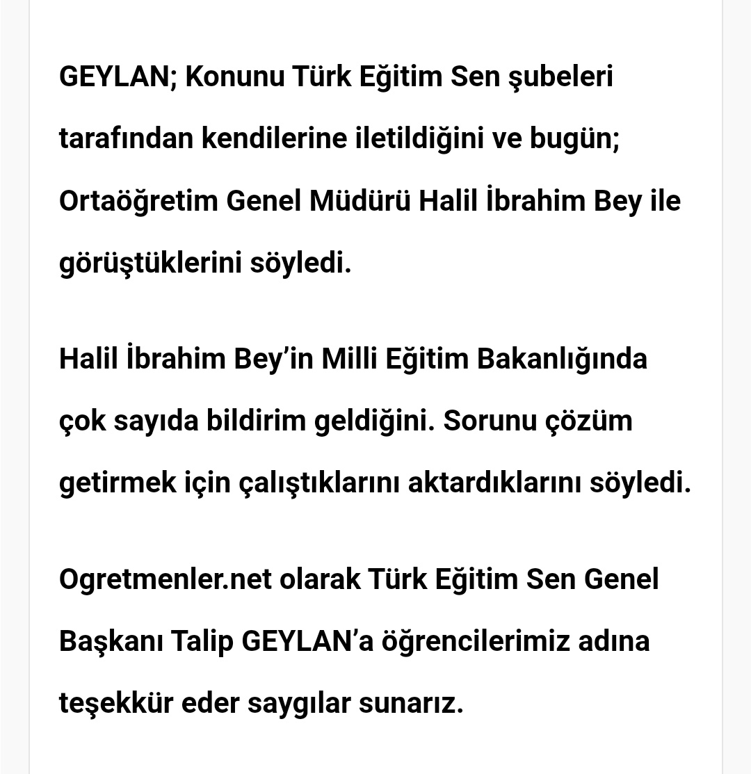 Genel Başkanımız Talip Geylan Bey'in dün Ortaöğretim Genel Müdürü Halil İbrahim Bey ile yaptığı görüşme sonrasında Bursluluk Sınavına girecek Öğretmen Çocukları da %30'luk deprem bölgesi kontenjanına dahil edilmiştir. 
Genel Başkanımıza teşekkür ediyoruz.

ogretmenler.net/haber/ogretmen…