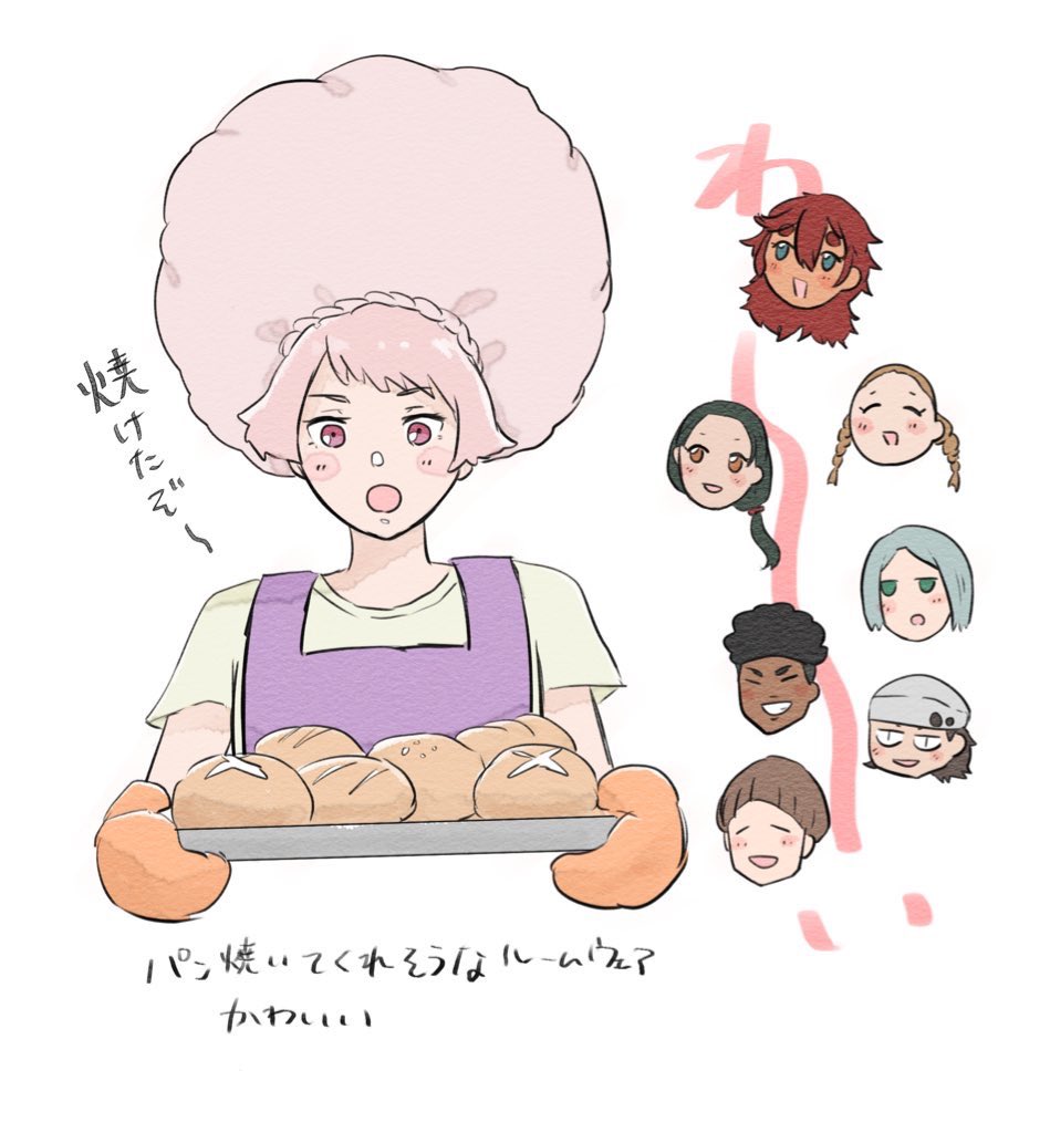 suletta mercury multiple girls food pink hair 6+girls dark skin hair bun pink eyes  illustration images
