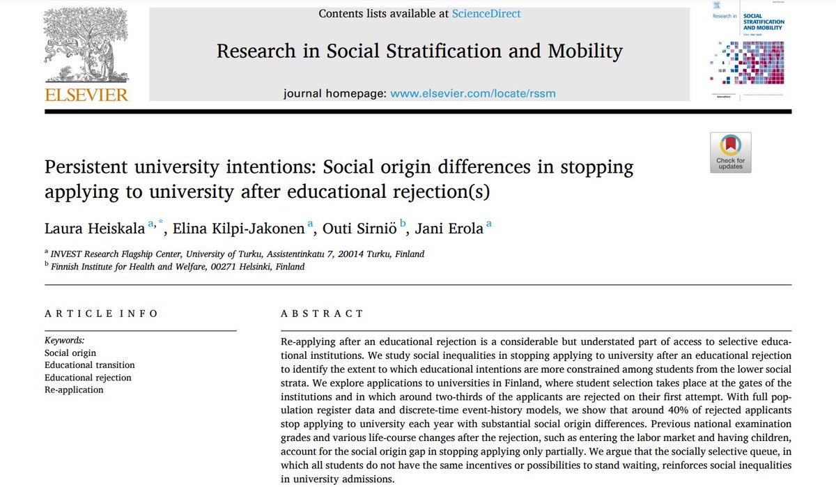 Interested in intergenerational educational inequalities in university enrolment? Check out our new paper in RSSM (open access): doi.org/10.1016/j.rssm… 

Joint work with @ElinaKilpi @OutiSirnio @JaniErola