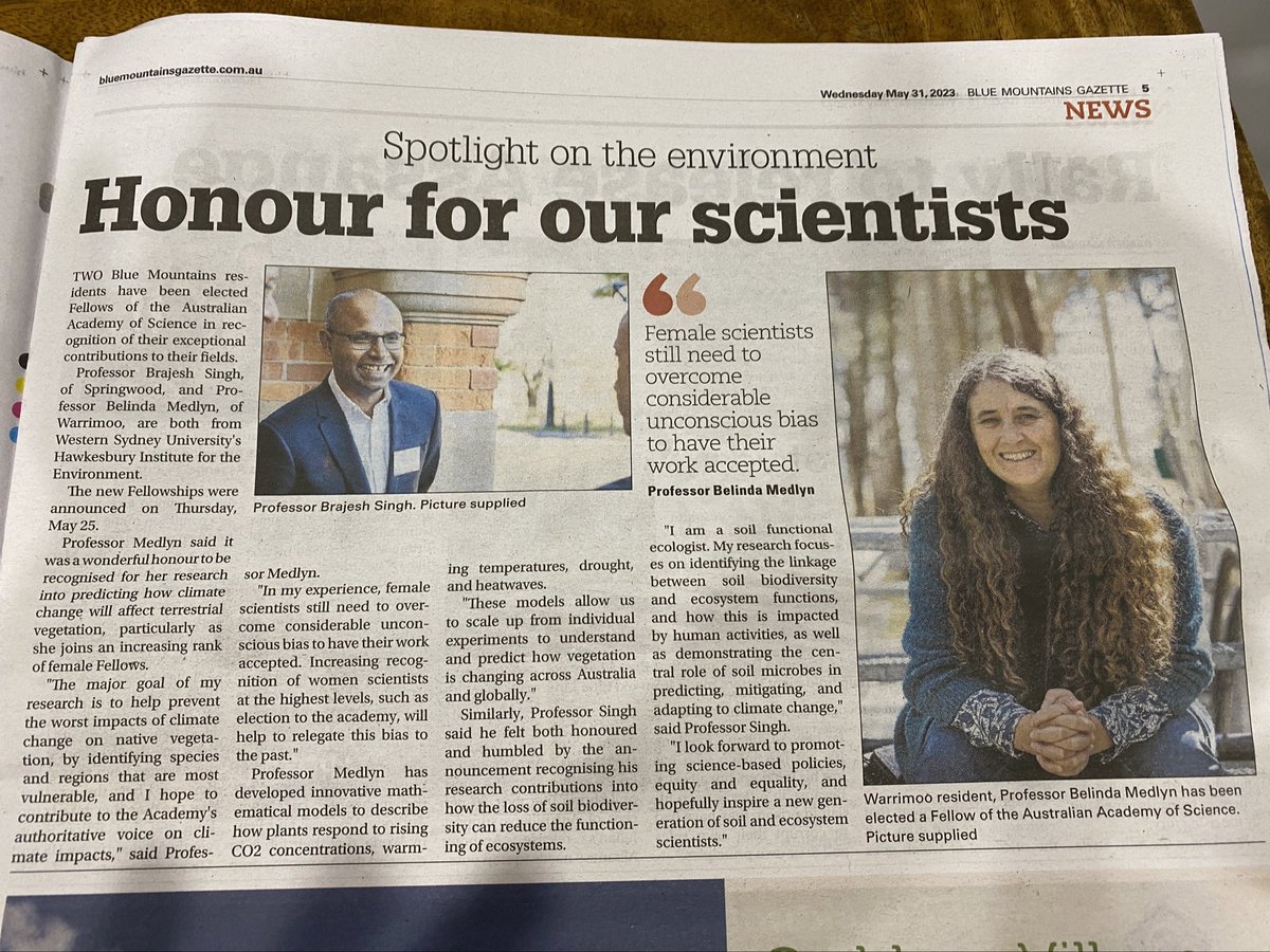 Adam Frew (@frewecologist) on Twitter photo You know you’ve made it when you’re featured in the Blue Mountains Gazette!
<a href="/bmgazette/">BlueMountainsGazette</a>
Nice to see recognitions of researchers and their work in their local community.
<a href="/Prof_Braj_Singh/">Prof Brajesh Singh</a> <a href="/b_medlyn/">Prof. Belinda Medlyn</a> <a href="/westsyduhie/">Western Sydney U - HIE</a> You know you’ve made it when you’re featured in the Blue Mountains Gazette!
<a href="/bmgazette/">BlueMountainsGazette</a>
Nice to see recognitions of researchers and their work in their local community.
<a href="/Prof_Braj_Singh/">Prof Brajesh Singh</a> <a href="/b_medlyn/">Prof. Belinda Medlyn</a> <a href="/westsyduhie/">Western Sydney U - HIE</a>