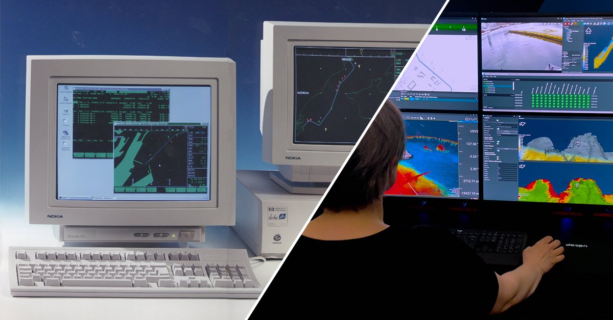 #ThrowbackThursday – Ever since #EIVA was founded in the 1980s, we have been riding the waves of technological developments 🌊 

Survey data display setups then and now...
📷 The early days of #NaviSuite
📷Real-time remote data displays of #USV survey: more.eiva.com/3qmzO8N