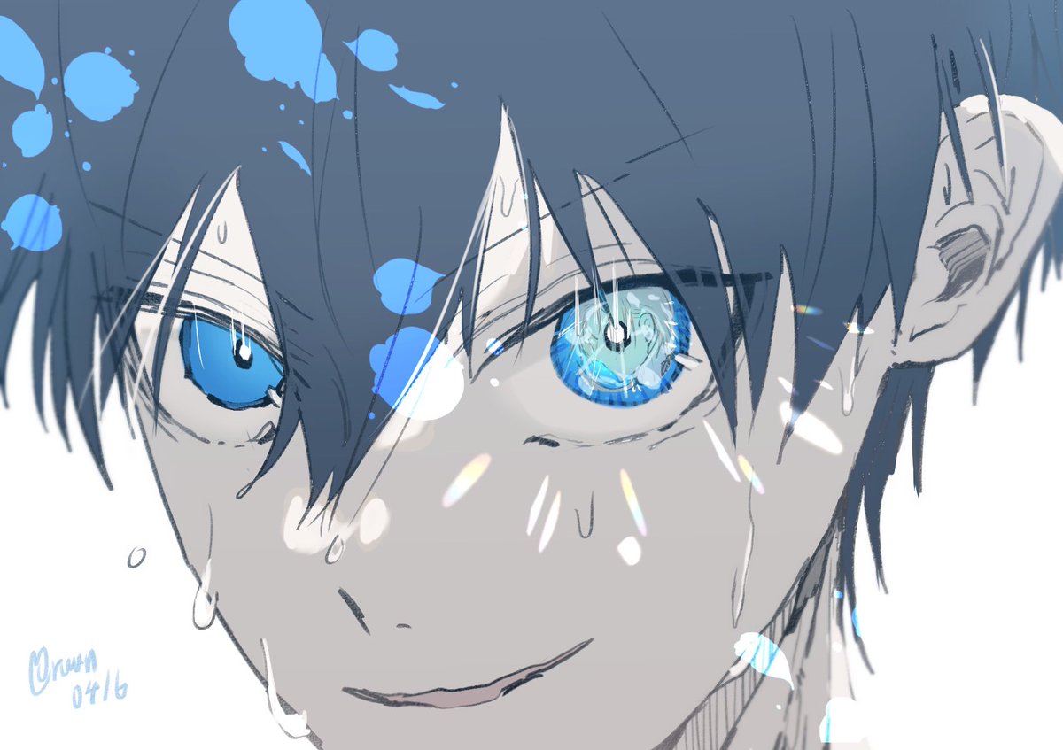 1boy male focus blue eyes solo looking at viewer wet black hair  illustration images