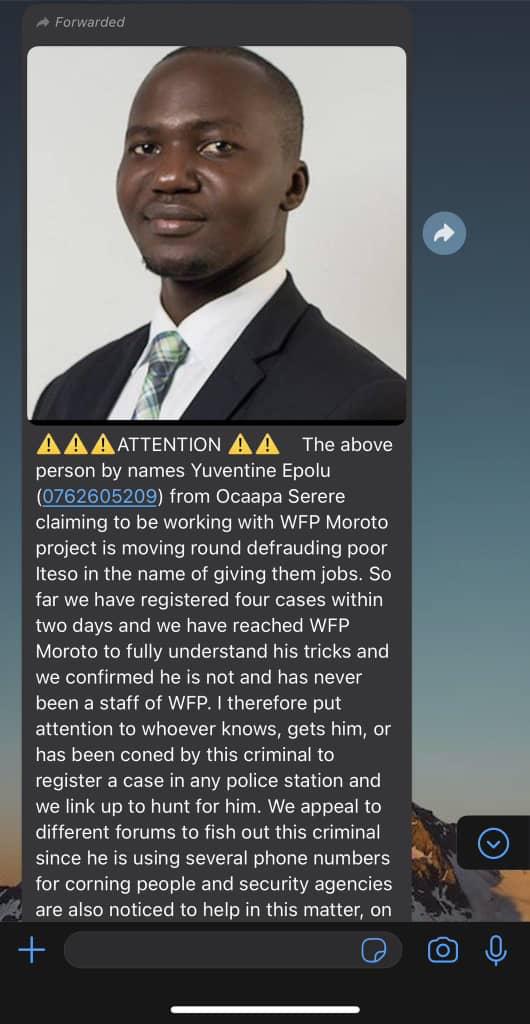 PUBLIC NOTICE:

It has come to our attention that the photograph in the message below, of our Partner <a href="/kinyerajordan/">Kinyera Jordan</a>, is being used by unscrupulous person(s) under the name “Yuventine Epolu” to con and extort members of the public. 1/3