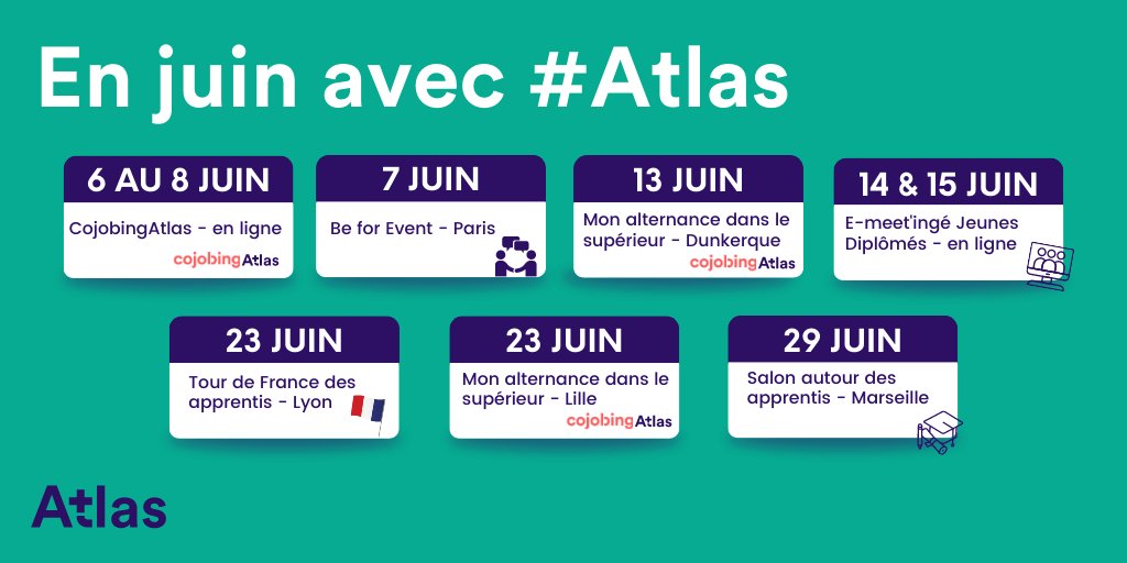 OpcoAtlas's tweet photo. Ce mois-ci encore, Atlas se déplace ! 🗺️
✔️ Que vos étudiants soient à la recherche de leur #stage, #alternance ou même #premierjob, il y a forcément un événement fait pour eux 📍
📅 Partagez-leur notre #agenda : https://t.co/Jcb9mm83Eg https://t.co/ZDwLQdslZR