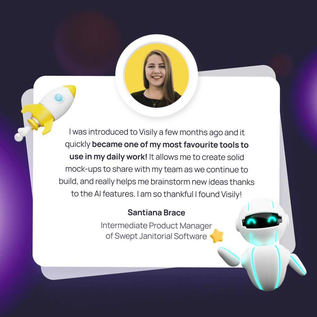 visilyai's tweet image. Shoutout to Santiana Brace, Intermediate Product Manager at Swept Janitorial Software, for her amazing feedback! 🥰 
#Visily #VisilyAI #UIDesignTools  #Testimonial #ProductManagers