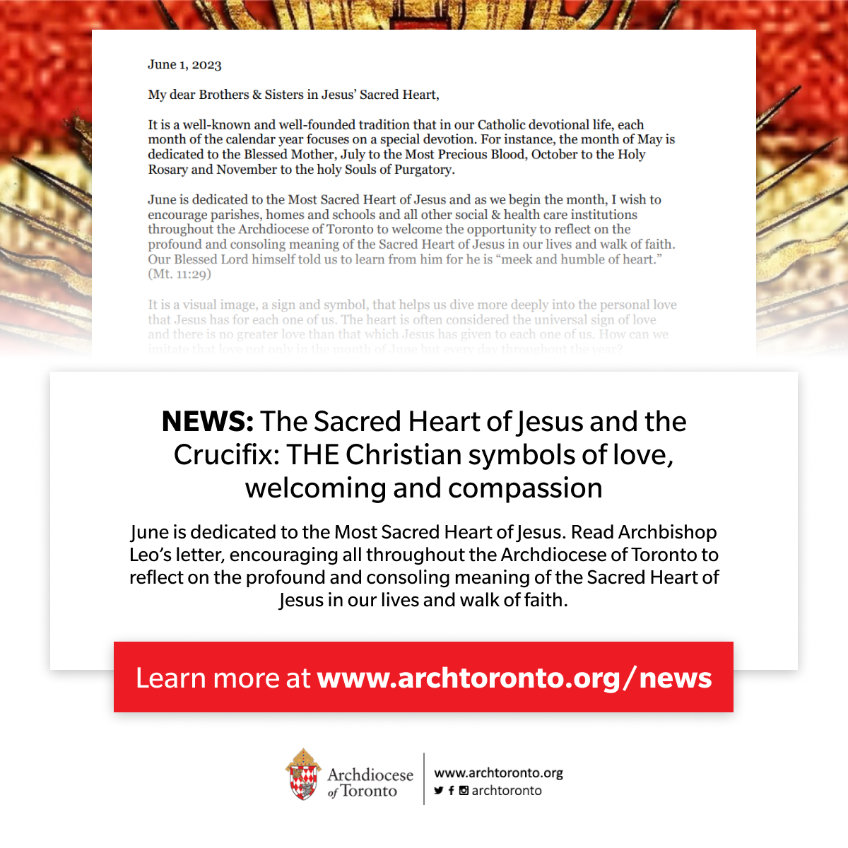 archtoronto's tweet photo. #NEWS: The Sacred Heart of Jesus and the Crucifix: THE Christian symbols of love, welcoming and compassion https://t.co/NT0pEz8rlE #catholicTO https://t.co/CDVvgZDnga