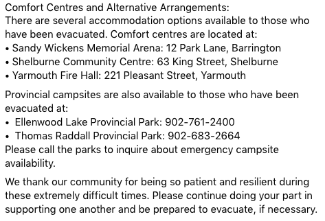 A heads up from Barrington and Clark's Harbour EMO regarding possible upcoming evacuations due to the wildfire situation. This was posted at 11 a.m. on Thursday.