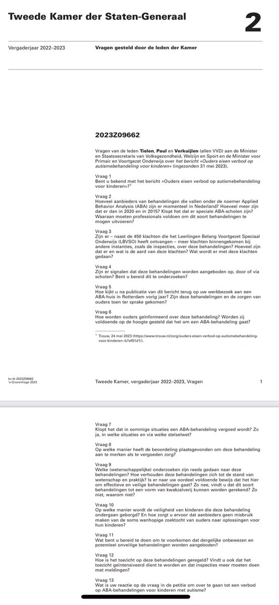 Hier de aangekondigde kamervragen over de ABA-autismebehandeling 👇
samen met <a href="/marielle_paul/">Marielle Paul</a> en <a href="/RuudVerkuijlen/">Ruud Verkuijlen</a> 

Omdat deze behandelingen niet bewezen en zelfs onveilig kunnen zijn en omdat we vinden dat dat dus niet kan. 

Wordt vervolgd…
