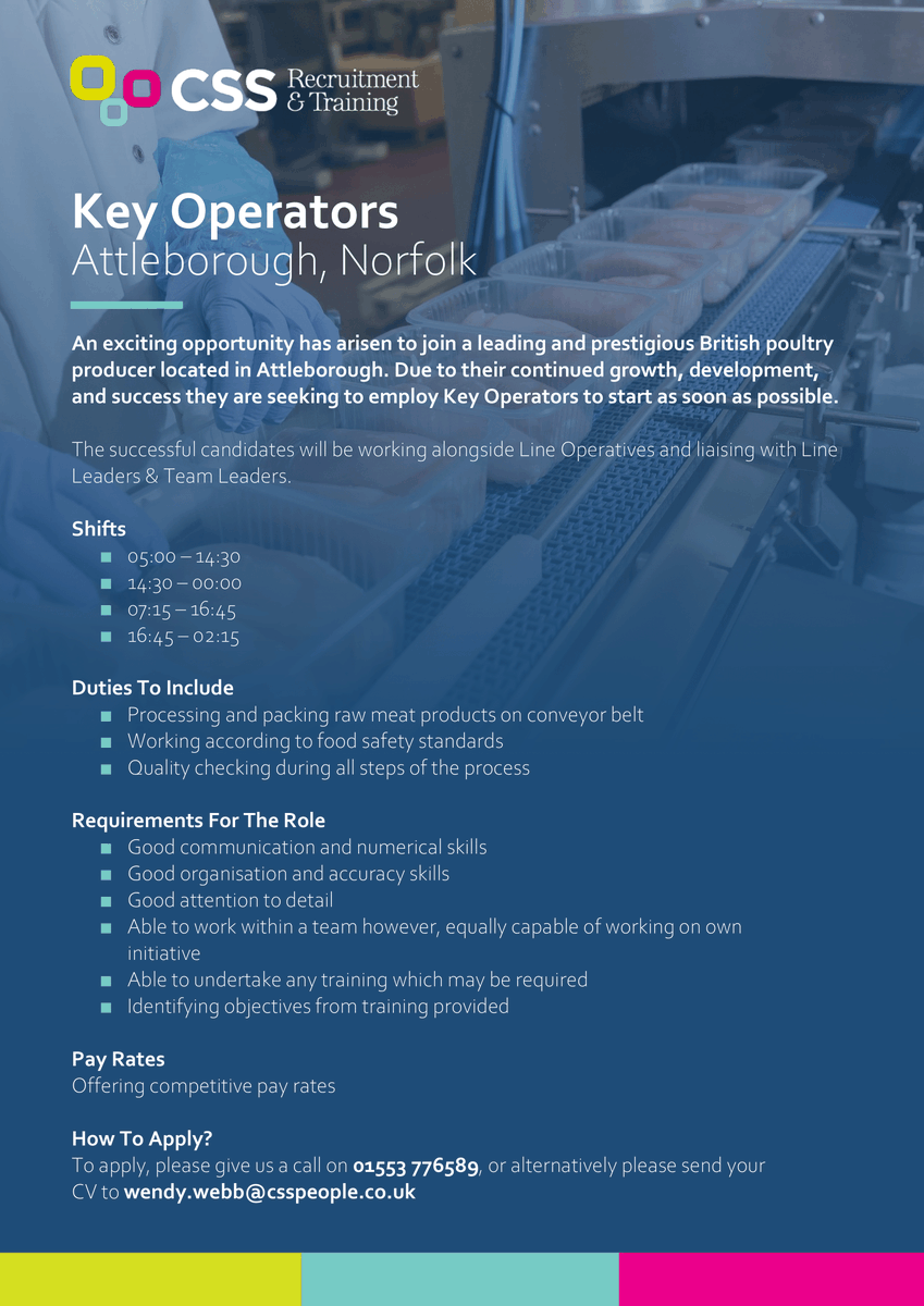 Seeking a new opportunity 👀

👉 Key Operators
💷 Competitive pay rates
📍 Based in Attleborough, Norfolk

☎️ Please call us today on 01553 776589
📧 Or email wendy.webb@csspeople.co.uk

#Jobs #JobSearch #JobHunt #KeyOperators #IndustrialJobs #PermanentJobs #NorfolkJobs