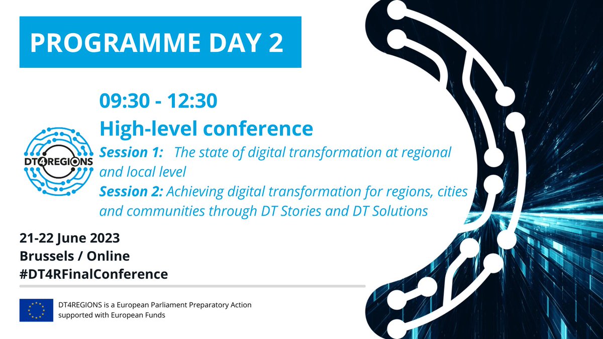DT4REGIONS's tweet photo. 📢#DT4RFinalConference Day 2 Programme!
🤝Join us for our High-Level conference on the state of #DigitalTransformation in Regions and using #DTStories and #DTSolutions to achieve it!
➡️ Register here: https://t.co/VPG35xsldy https://t.co/Hx7a9llGtP