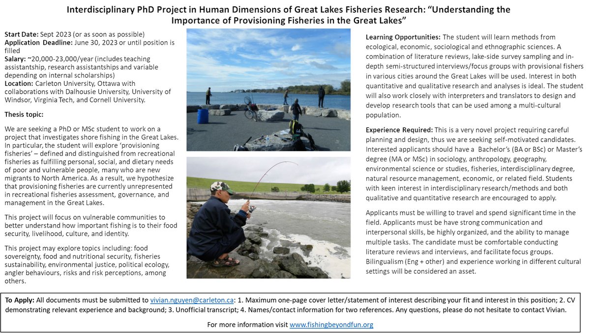 Pls R/T: Fully funded PhD/MSc/MA on human dimensions of #fisheries research in the Great Lakes, looking at importance of shore angling to various communities. More info: fishingbeyondfun.org #academicchatter @LampreyControl @IAGLR @afs_oc @AFS_Students @scas_scsa @CARSAFS