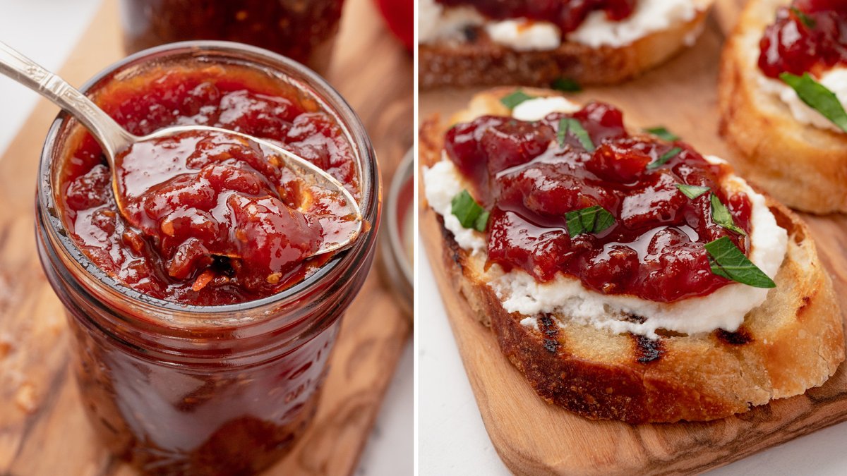 Tomato Jam! Next level condiment for your burgers, sandwiches, cheese &amp; crackers! bellyfull.net/tomato-jam/