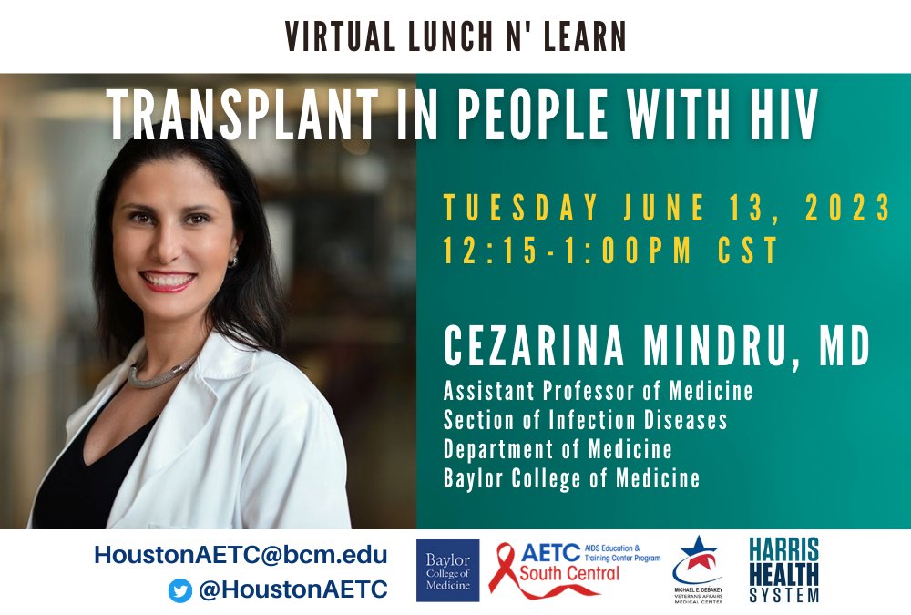 HoustonAETC's tweet image. Next week Dr. Mindru from @BCMDeptMedicine will talk to our @harrishealth learners and staff about transplants for patients living with #HIV.

#HIVTwitter @AST_info @HIVMA @Women_in_ID @HIVPA