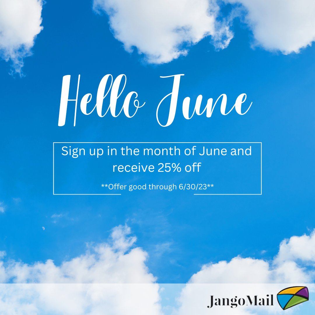 Sign up today for a paid JangoMail account in June and receive 25% off your first month!
This offer is good through 6/30/23.

*The free month must be of equal or lesser value than paid month and is for new customers only.

Ways to contact us:
jangomail.com/contact…