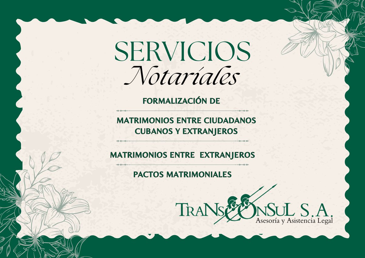 📑 Hoy seguimos hablando sobre los servicios notariales que brindamos en las oficinas de Transconsul S.A.

💍 Como parte de ellos puede contratar la formalización de matrimonios entre ciudadanos cubanos y extranjeros, entre extranjeros y la realización de pactos matrimoniales.