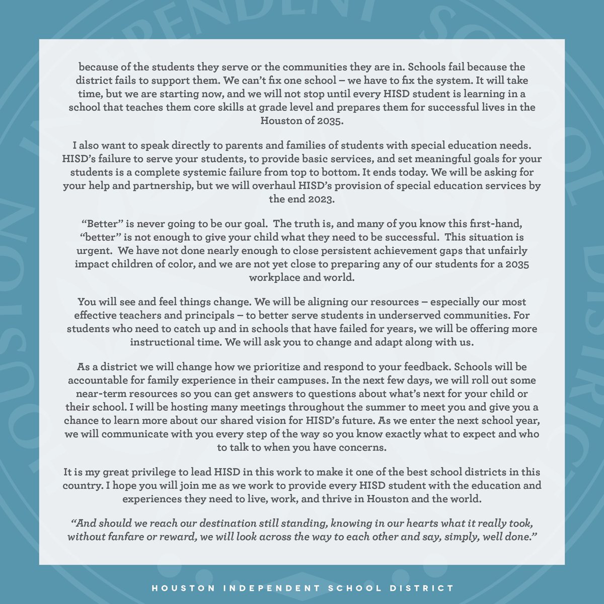 I am honored and humbled to be here in Houston. It is my great privilege to lead <a href="/HoustonISD/">Houston ISD</a> in this work to make it one of the best school districts in the country.