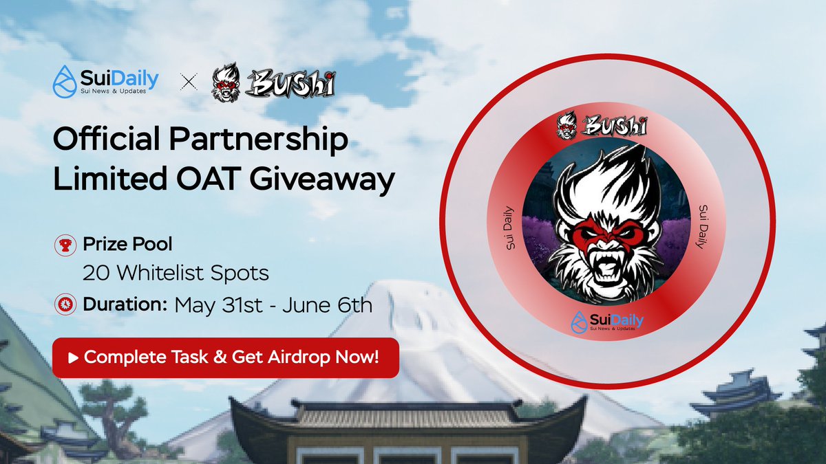 Degen_Radar's tweet photo. 📢 OFFICIAL PARTNERSHIP GIVEAWAY 

@SuiDailyTK x @playBushi

➡️ COMPLETE TASKS &amp; GET AIRDROP HERE: 
https://t.co/tse50kLblv

🎁 Prize Pool: 20 Whitelists for lucky winners

⌚ June 1st - June 6th

#Airdrop #Giveaway #Suinetwork https://t.co/ygskguPNpq