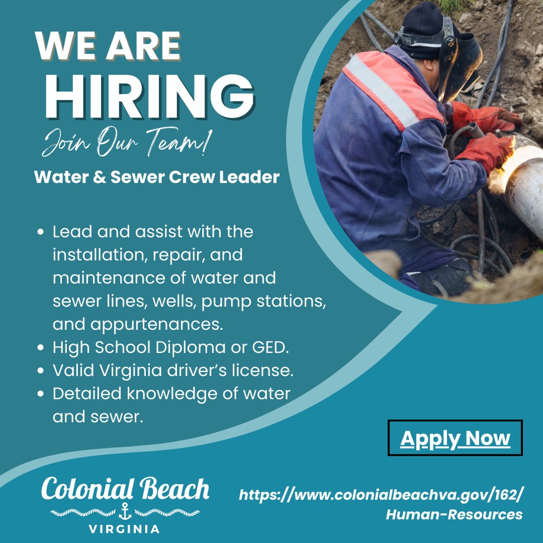 The Town of Colonial Beach is hiring for the following positions: Buildings & Grounds Maintenance Technicians Planner Water & Sewer Crew Leader Hiring details and additional information is located here: bit.ly/42lUFal