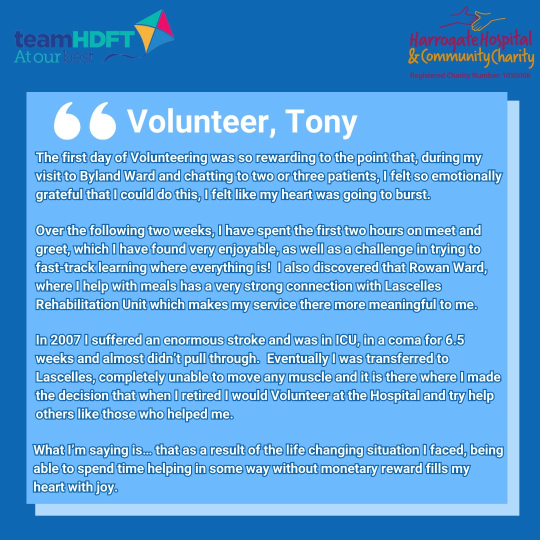 Hear about Volunteer Tony's experience volunteering at #teamHDFT to celebrate Volunteer Week. 

To find out more about how you can make a difference and become a registered Volunteer at Harrogate and District NHS Foundation Trust, click here - hhcc.co.uk/volunteer/