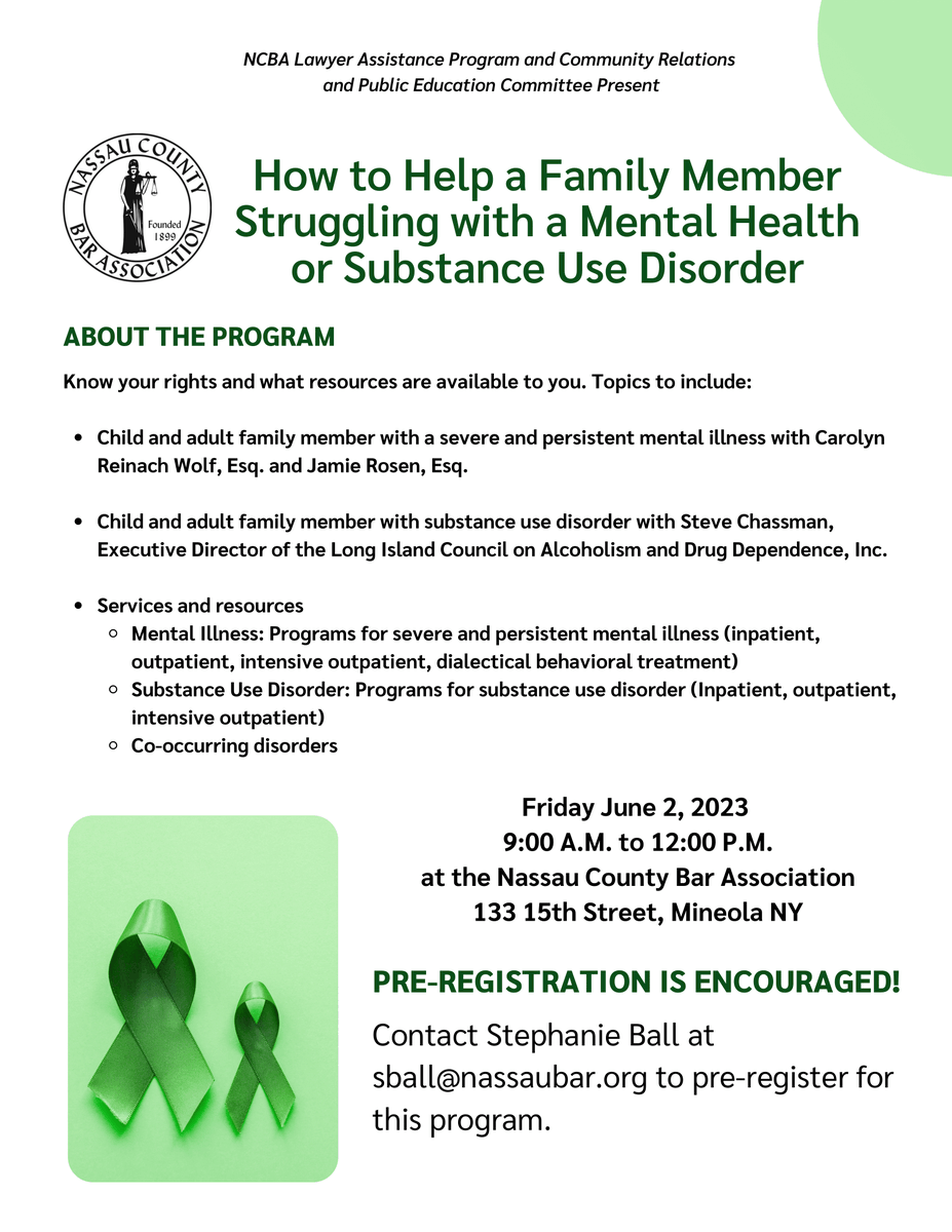 LICADD is honored to partner with the <a href="/NassauCountyBar/">Nassau County Bar</a>  Assocation (NCBA), NCBA Community Relations and Public Education Committee, NCBA Lawyer Assistance Program and NCBA Member Attorneys for a free public seminar tomorrow, Friday, 6/2 from 9:00 AM to 12:00 PM.