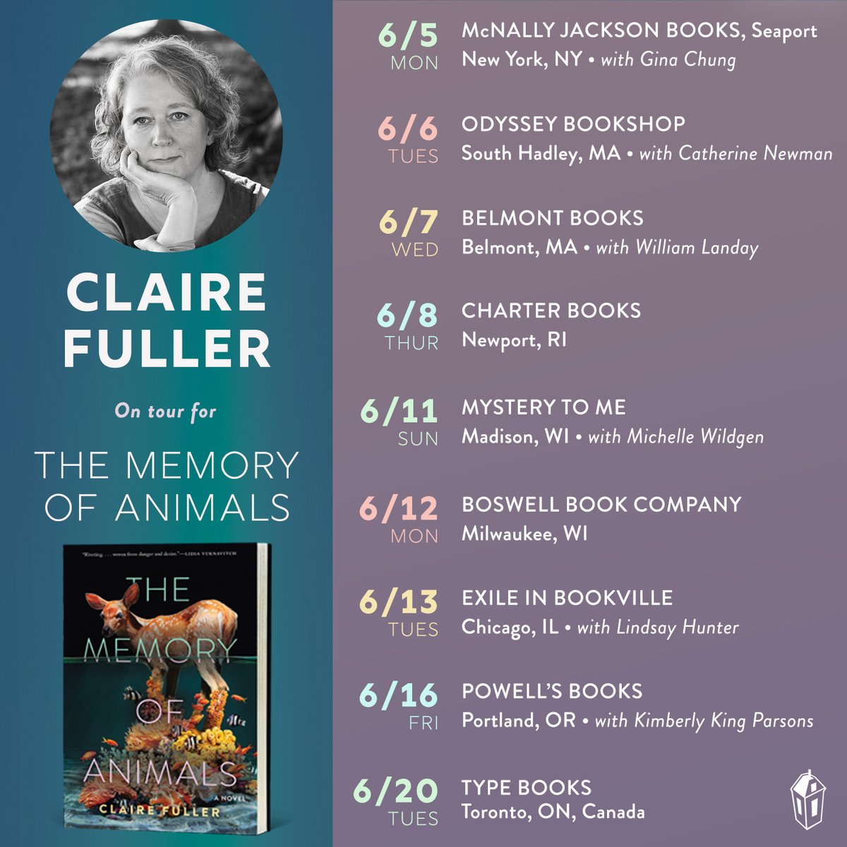 Inkwellmgmt's tweet photo. Did you hear? The Memory of Animals author @ClaireFuller2 begins her book tour this Monday, kicking off at @mcnallyjackson in NYC! Check out this list to see when the tour nears you so you can get in on the fun! https://t.co/tVyjMPkNAj