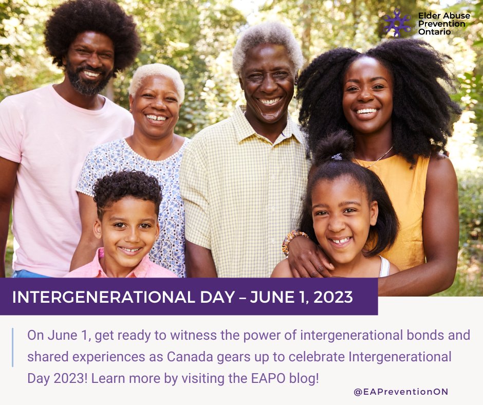 EAPreventionON's tweet photo. On June 1, get ready to witness the power of intergenerational bonds and shared experiences as Canada gears up to celebrate Intergenerational Day 2023! Learn more by visiting the EAPO blog! ✅ https://t.co/9oy0YZQ93W
#IGDay #IGDay2023 #IntergenerationalDay https://t.co/iRRqLGdY5A