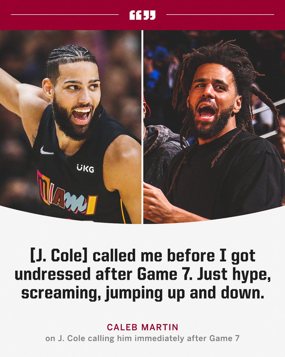 SportsCenter's tweet photo. From helping Caleb Martin get a spot on the Heat to calling him to celebrate after the ECF. 

J. Cole is a real one 🔥😤 https://t.co/QXPhj1Mu9v