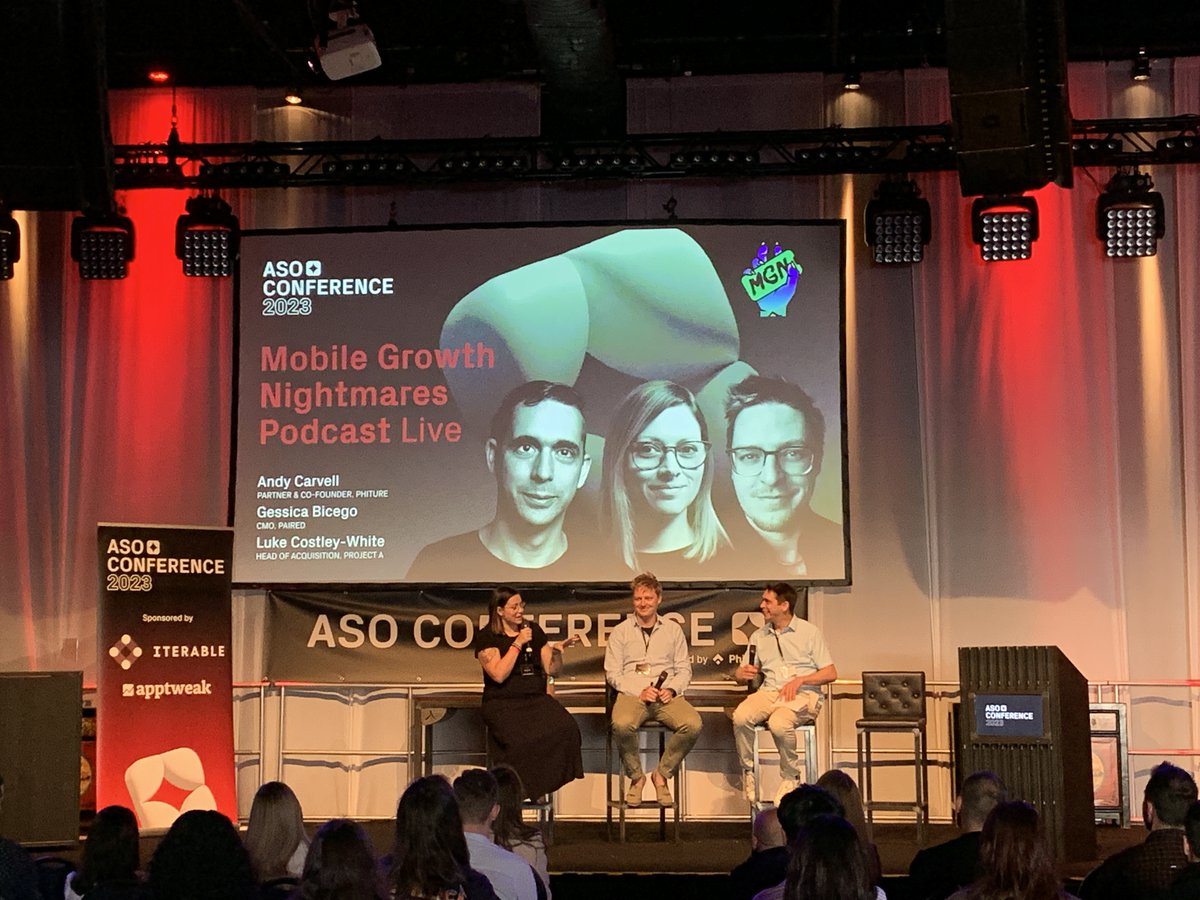 growthphestival's tweet photo. The Mobile Growth Nightmares continue! 😱
The podcast returns live to the main stage, with Andy Carvell, Gessica Bicego, and Luke Costley-White discussing mobile marketing mishaps and failures and how they've learnt from them. 
#ASOConference https://t.co/fVP0UBDjMY