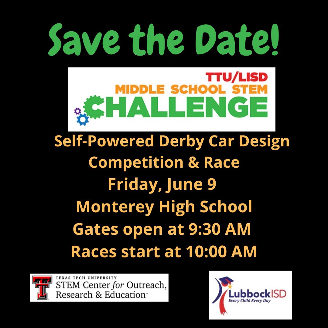 Join us as we celebrate the accomplishments of the TTU/LISD Middle School STEM Challenge teams! Races will start between 9:30 &amp; 10:00am on the track. Who will bring home the cup?!

#ttustemcore #lubbockisd #stemchallenge23 #stemchallengeforkids