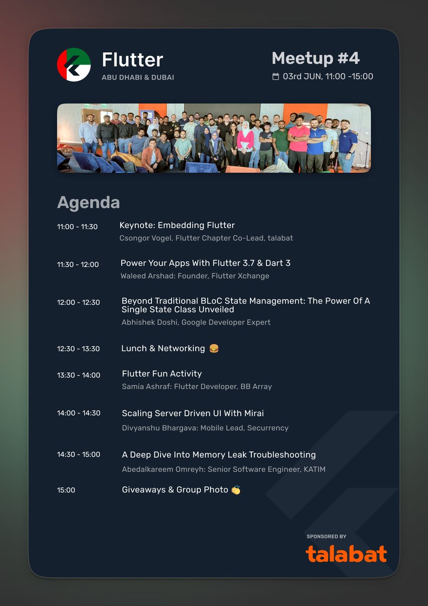 Flutter developers, get ready for an action-packed meetup on the 3rd of June at @Talabat HQ! 🚀 We got an amazing agenda lined up with various Flutter talks, Flutter activities, and networking opportunities. See you there! 💙🇦🇪 #FlutterUAE #Flutter #AbuDhabi #Dubai