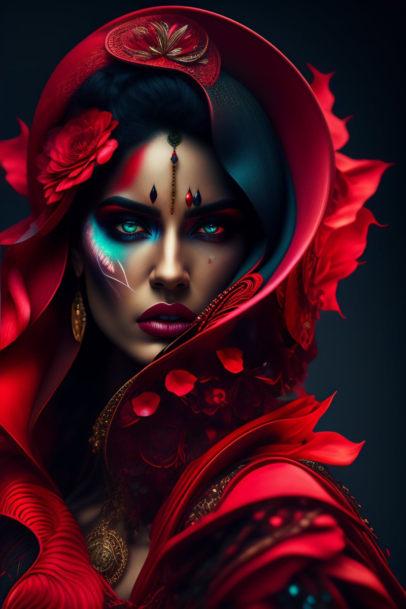 ‘Beware the woman in red, for she holds a hidden fire, 
A force that consumes, awakening every dark desire. 
In her presence, souls unravel, 
lost in her captivating snare, 
Bound by the spell of a woman, eternally enigmatic and rare.’ - Samira Wyld #darkpoetry #poem #aiart