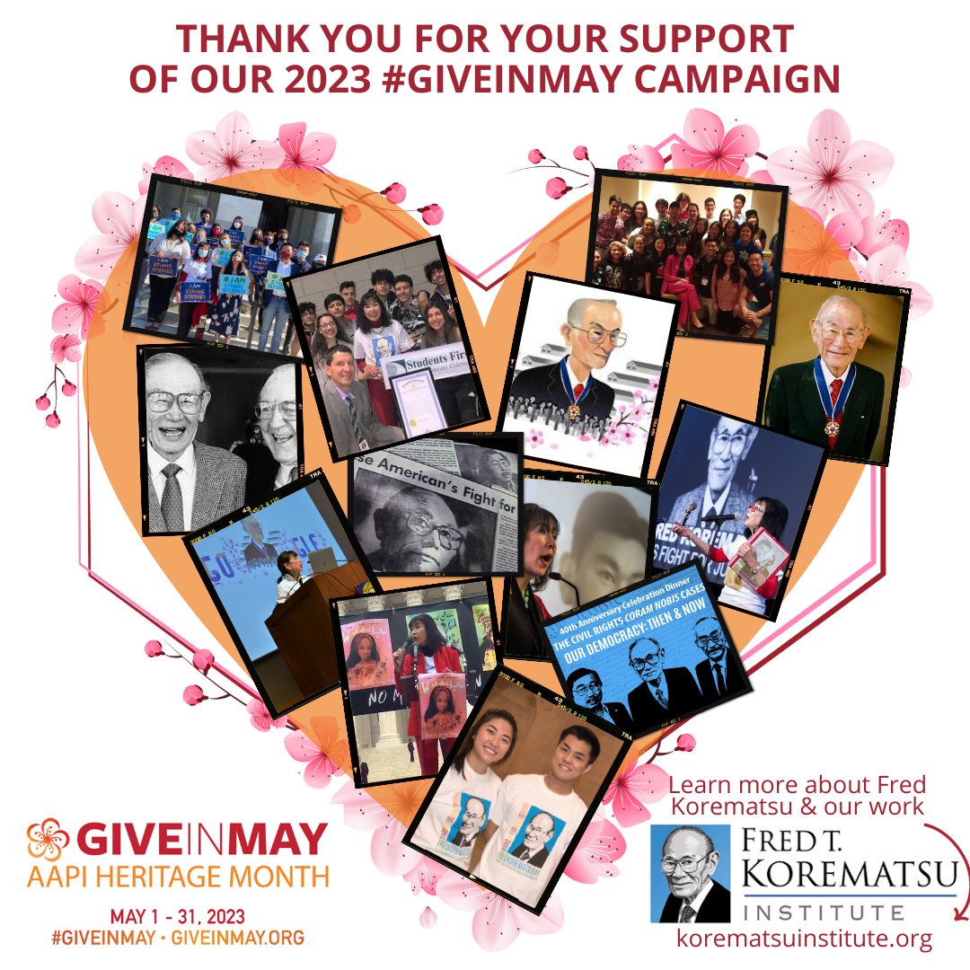 Thank you to all of our donors who reached out and supported our 2023 #GiveInMay campaign! #RepresentationMatters #TeachAAPIhistory Learn more about Fred T. Korematsu, the Korematsu Institute, and our education and advocacy work at: korematsuinstitute.org