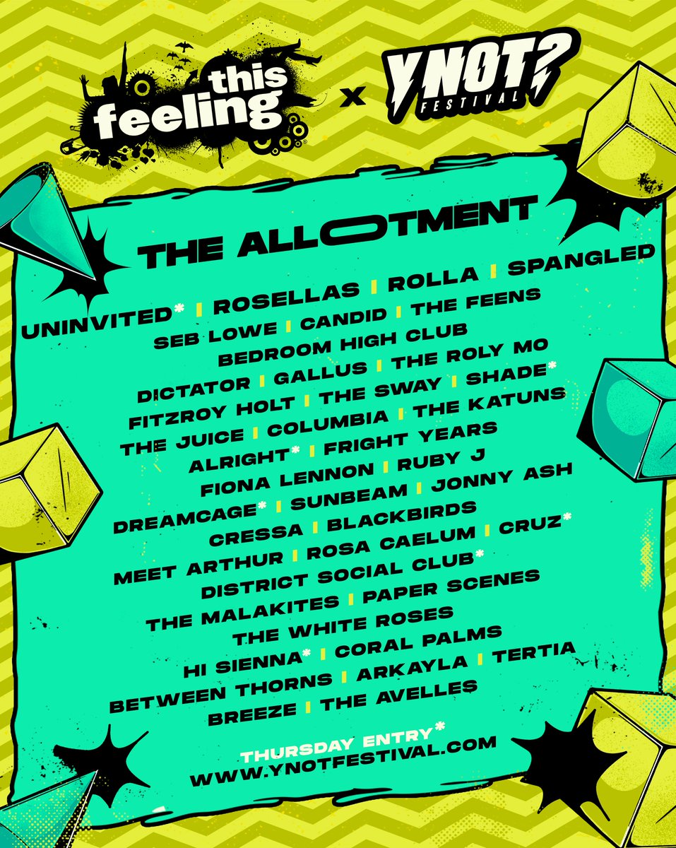 Y Not Festival ⚡ (@ynotfestival) on Twitter photo Welcome to the Allotment 🌼 🌿 We've teamed up with our mates <a href="/This_Feeling/">This Feeling</a> to bring you the biggest line up yet!
This is the place to go for the best up-and-comers, and THE spot to find your new favourite band 👊
🎟 ynotfestival.com/tickets Welcome to the Allotment 🌼 🌿 We've teamed up with our mates <a href="/This_Feeling/">This Feeling</a> to bring you the biggest line up yet!
This is the place to go for the best up-and-comers, and THE spot to find your new favourite band 👊
🎟 ynotfestival.com/tickets