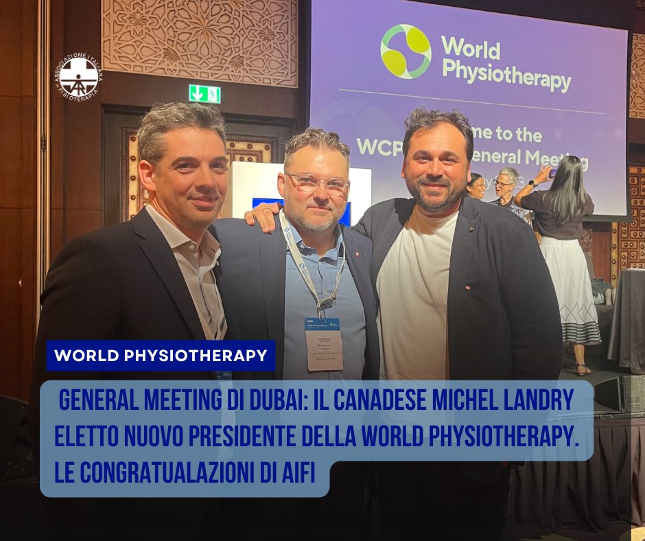 AIFI_nazionale's tweet photo. 𝐌𝐢𝐜𝐡𝐞𝐥 𝐋𝐚𝐧𝐝𝐫𝐲 è il nuovo presidente della World Physiotherapy, eletto durante il General Meeting in corso a Dubai: le congratulazioni del Presidente Nazionale AIFI 𝐒𝐢𝐦𝐨𝐧𝐞 𝐂𝐞𝐜𝐜𝐡𝐞𝐭𝐭𝐨
Leggi il comunicato completo: https://t.co/EdKSKZC3hd https://t.co/wKAfhP47rV