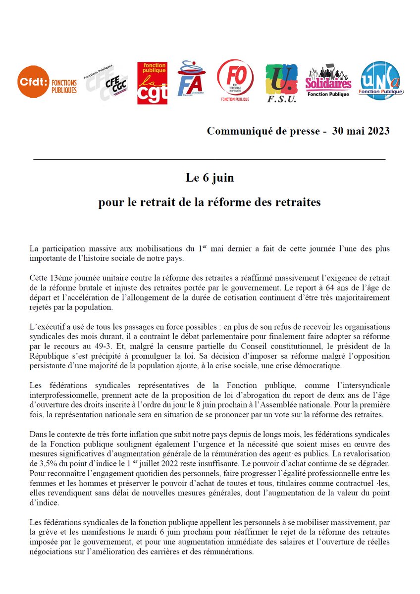 FederationAuto's tweet image. Communiqué des organisations syndicales représentatives de la #FonctionPublique #6juin #64anscesttoujoursnon