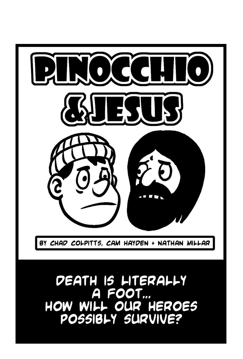 when we last left our heroes they were about to be freakin’ swashed by the foot of a gangster dinosaur! 

Head here tongueincheekcomics.com/pinocchiojesus… as soon as flipping possible to find out what happens to them!

Brought to you by <a href="/Lancegoiter/">Cam Hayden</a> <a href="/streakercomics/">The Streaker Comics</a> and Nathan Millar

#webcomics