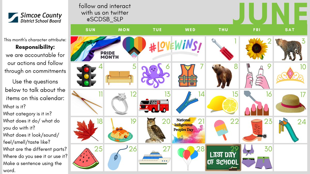 SCDSB_SLP's tweet image. It is June and the last month of school! Check out this month&apos;s calendar from the #SCDSB speech and language team. #SLPtips #SCDSBSLP #speech #language #vocabulary #orallanguage