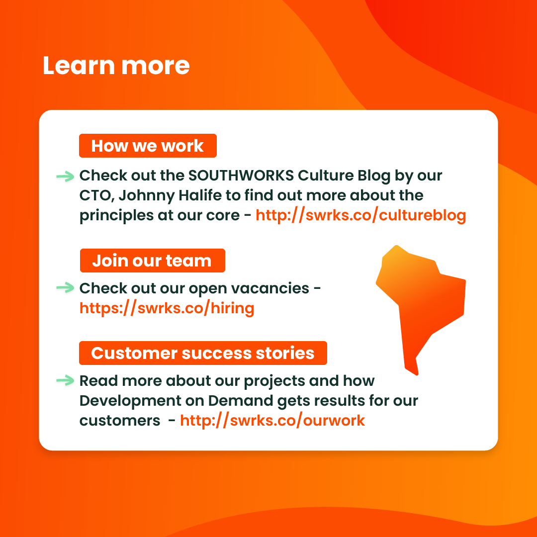 southworks's tweet image. 4/4: Learn more about #SOUTHWORKS: 
🧡 swrks.co/cultureblog  
🙋 swrks.co/hiring  
💥 swrks.co/ourwork