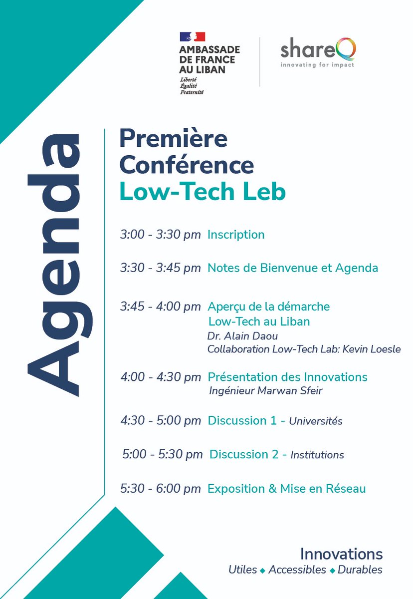 InstitutFrLiban's tweet image. ✨@AmbaFranceLiban et #ShareQ vous invitent à participer à la première conférence sur les #lowtech (« basses technologies ») au #Liban le 5 juin 2023 à 15h au #BeirutDigitalDistrict !

🗓Lundi 5 juin 2023
⏰15h
📍Beirut Digital District 1280

‼️RSVP : bit.ly/LTL23