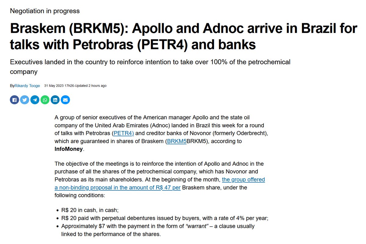 #Braskem (#BRKM5 $BAK): Apollo and Adnoc arrive in Brazil for talks with #Petrobras (#PETR4 #PETR3 $PBR.A $PBR) and banks infomoney.com.br/negocios/brask…