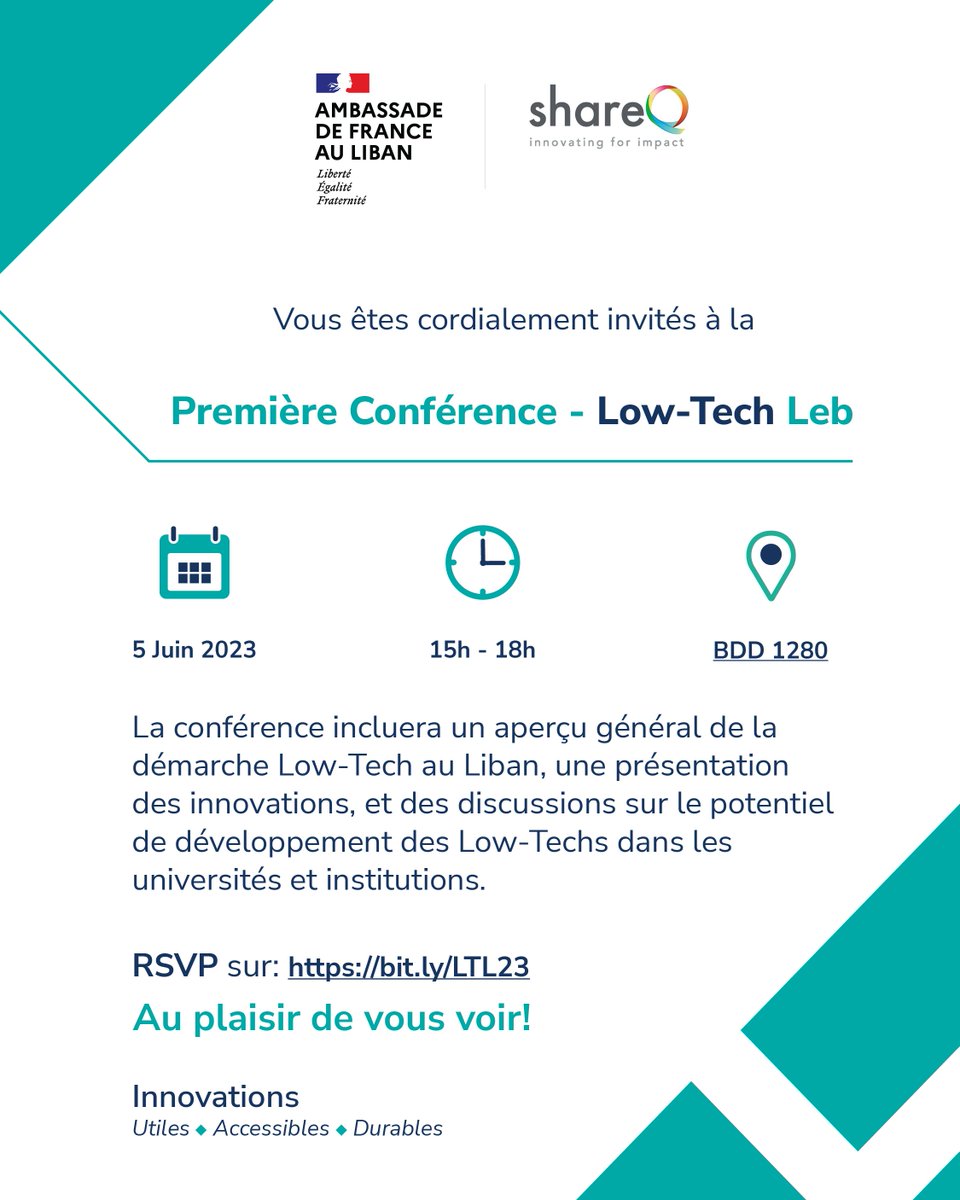 InstitutFrLiban's tweet image. ✨@AmbaFranceLiban et #ShareQ vous invitent à participer à la première conférence sur les #lowtech (« basses technologies ») au #Liban le 5 juin 2023 à 15h au #BeirutDigitalDistrict !

🗓Lundi 5 juin 2023
⏰15h
📍Beirut Digital District 1280

‼️RSVP : bit.ly/LTL23